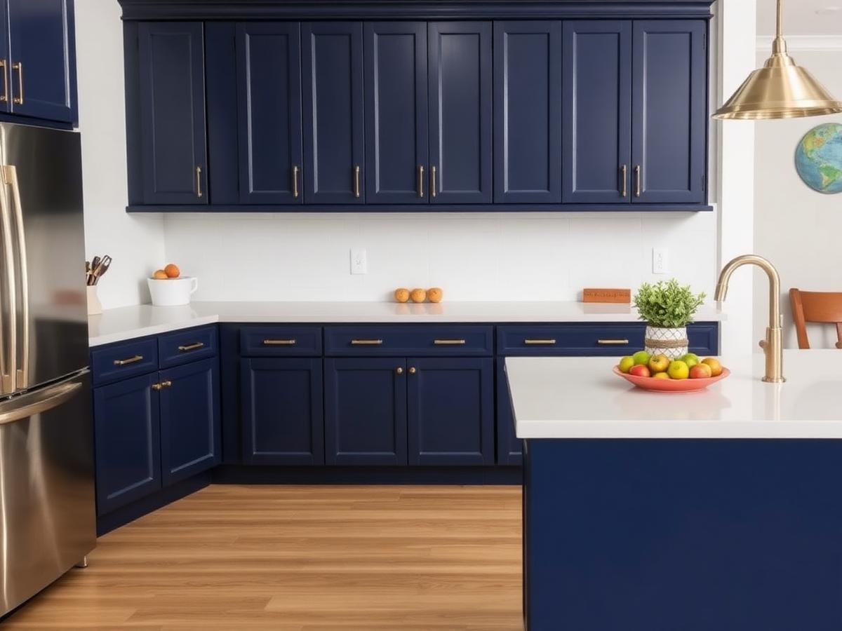 Navy blue refinished kitchen cabinets with brass hardware in an Omaha kitchen