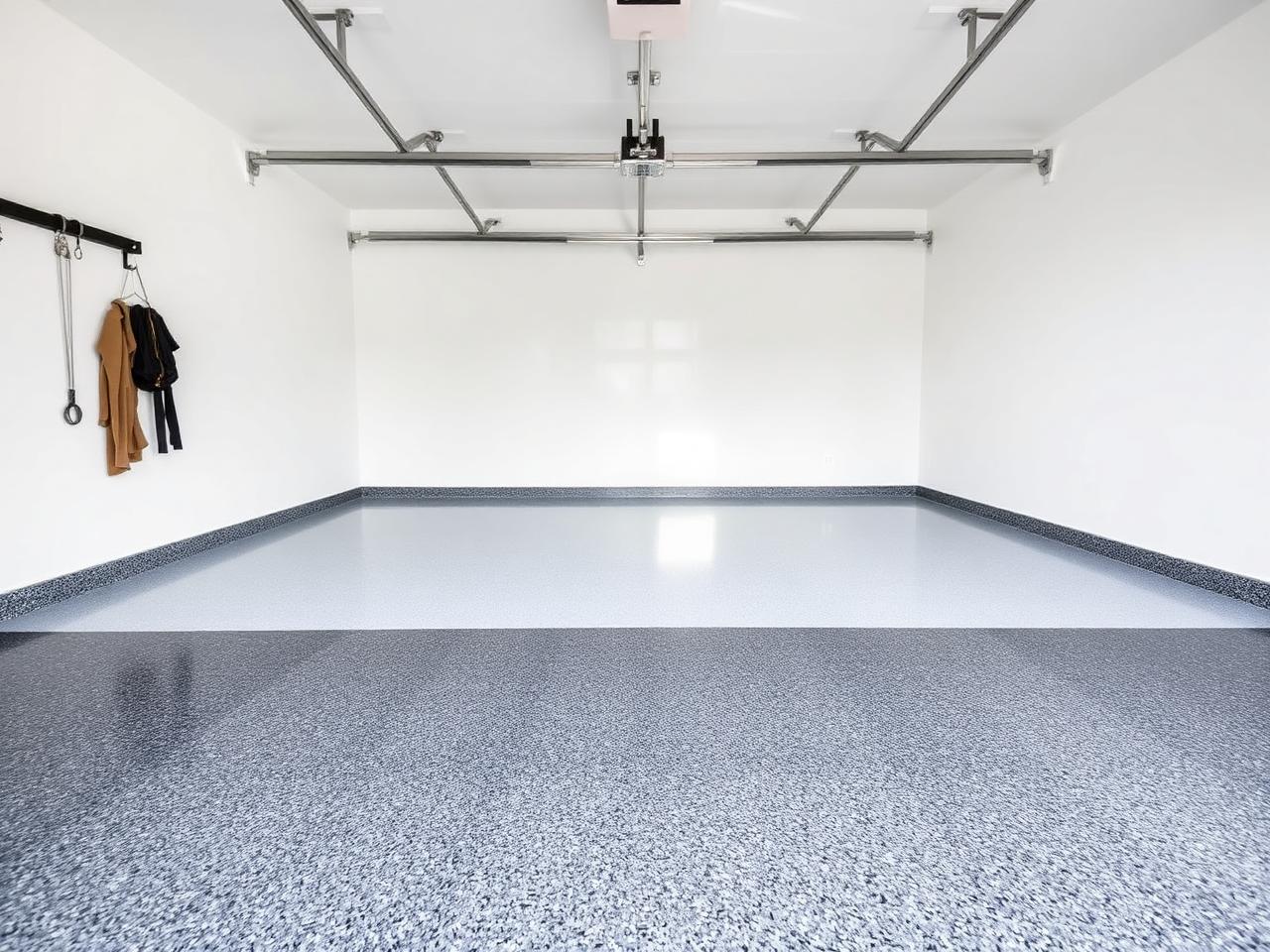 Omaha residential garage with a glossy gray polyaspartic flake floor coating