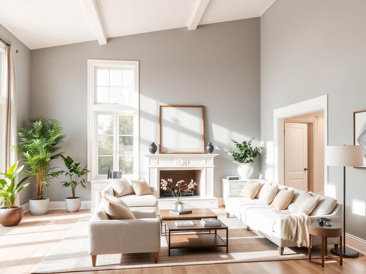 Freshly painted Omaha living room interior with gray walls and white trim